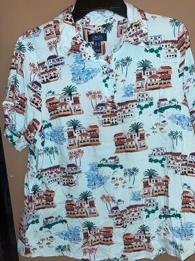 Womens’s Relaxed Fit Blue Tropical Print Short Sleeve Blouse Vacation Scene Sz L